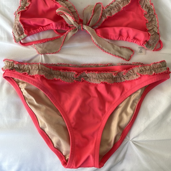 NWOT-Victoria’s Secret Coral Ruffle Trim String Bikini Set - Picture 4 of 12